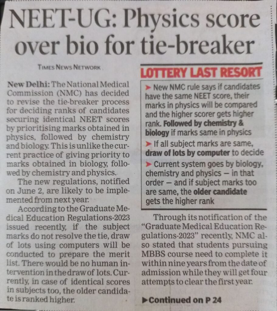 NMC revises tie-breaker criteria for NEET UG